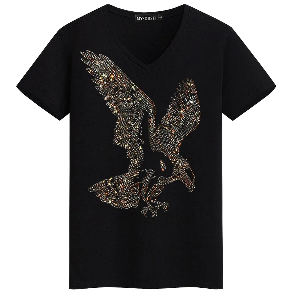 Big size 5XL Mask Unique Man Shinning Diamond Stone T-shirt Short Sleeve high quality Peking Opera Rhinestone Print men t shirts - Цвет: T006-V-Black