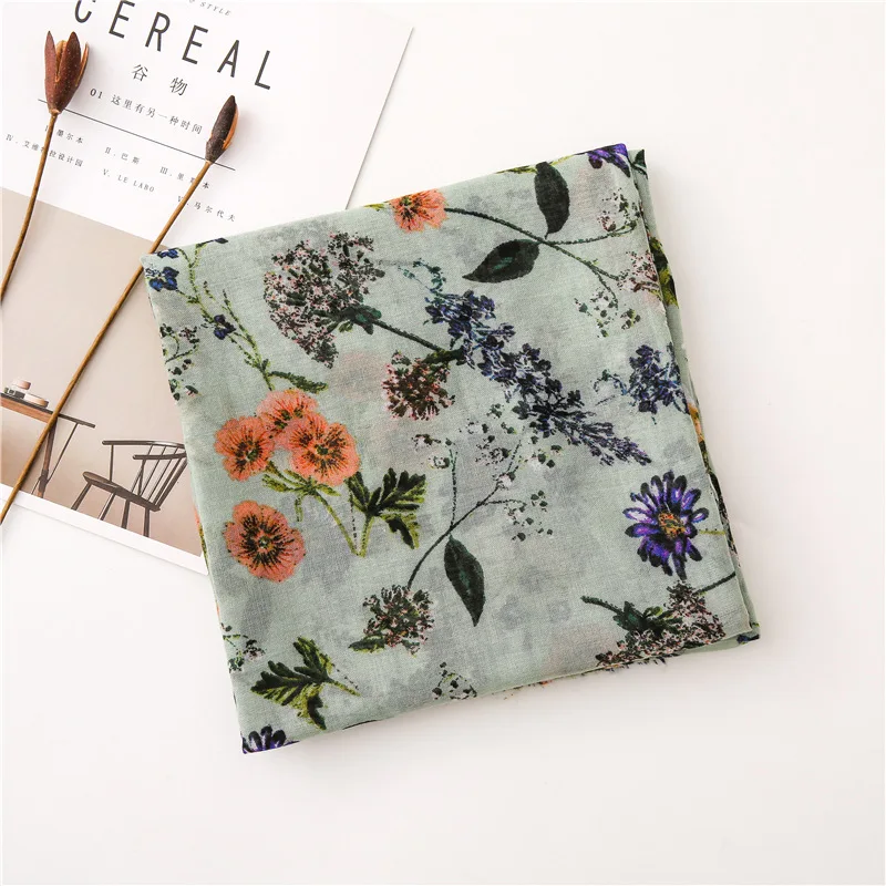  Floral Scarf Viscose Hijab for Women Head Scarf Green Large Shawl Handkerchief Autumn  [6622]