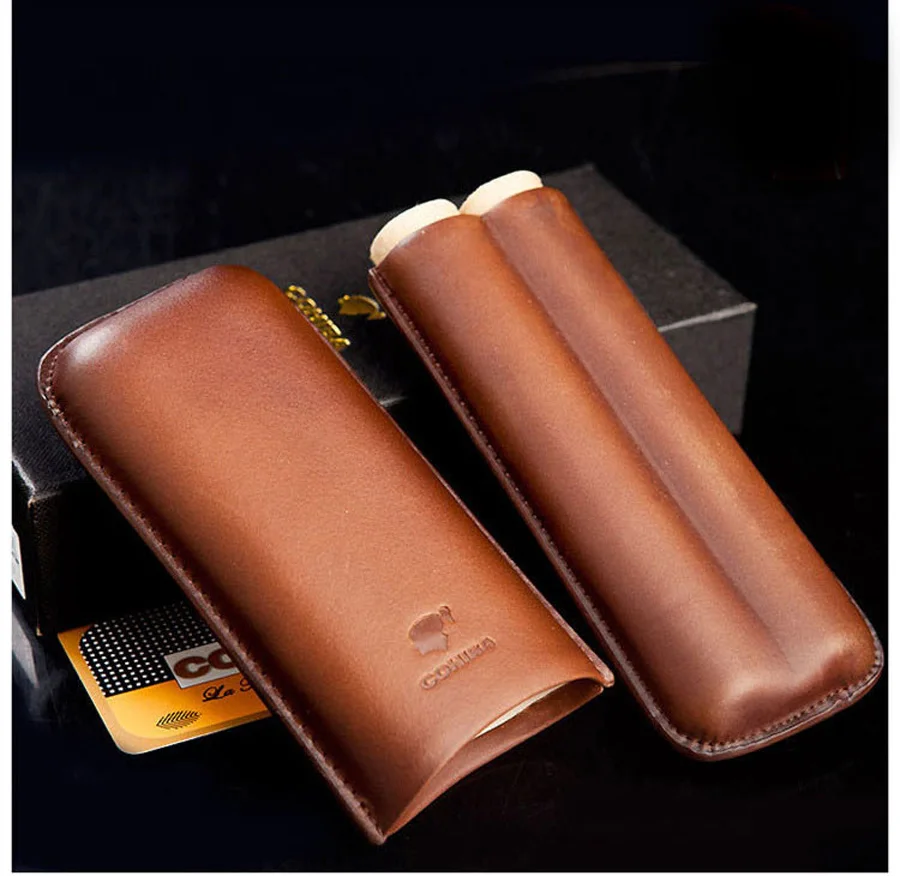 New Brown Leather Cigar Case Holder Case Humidor 2 Tube Count Portable