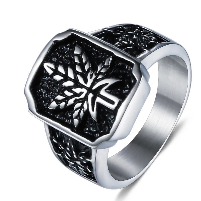 

Stainless Steel Ice Out Weed Signet Ring Religious Maple Leaf Ring For Men Mujer.