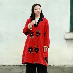 LZJN 2019 искусственный мех верхняя одежда женское зимнее пальто большой цветок вышивка китайская длинная куртка v-образный вырез Mori Girl теплое