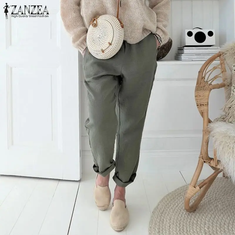 ZANZEA/Женские повседневные однотонные брюки с эластичной резинкой на талии; хлопковые льняные шаровары с карманами; Репка; Pantalon Femme; длинные брюки размера плюс