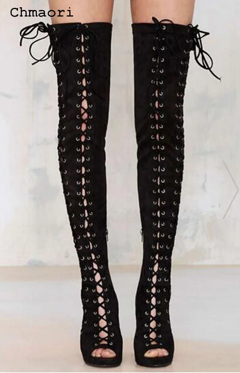 

2018 Fashion new women boots Strip and cross strap decoration spike heel high heel peep toe pure black unique long boots