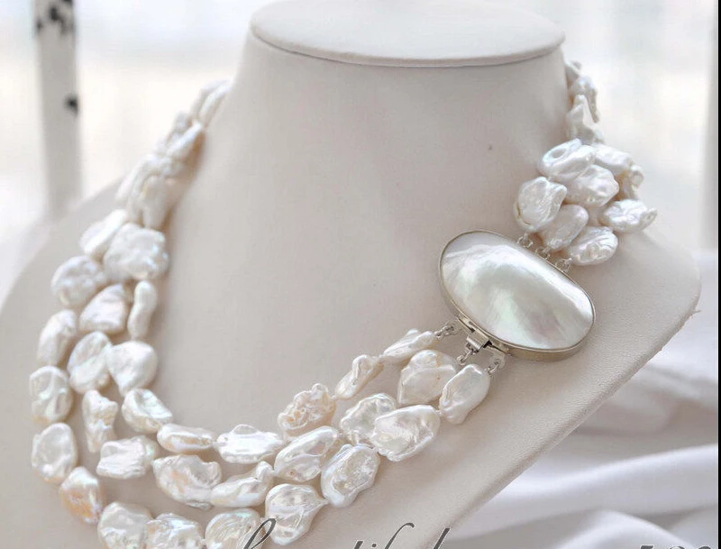

z4959 3strands 19mm BAROQUE white KESHI REBORN PEARL NECKLACE mabe clasp