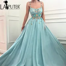 LAIPUTER спагетти на шее A-Line Цветы синий вечернее платье Красочные цветы Женские вечерние платье
