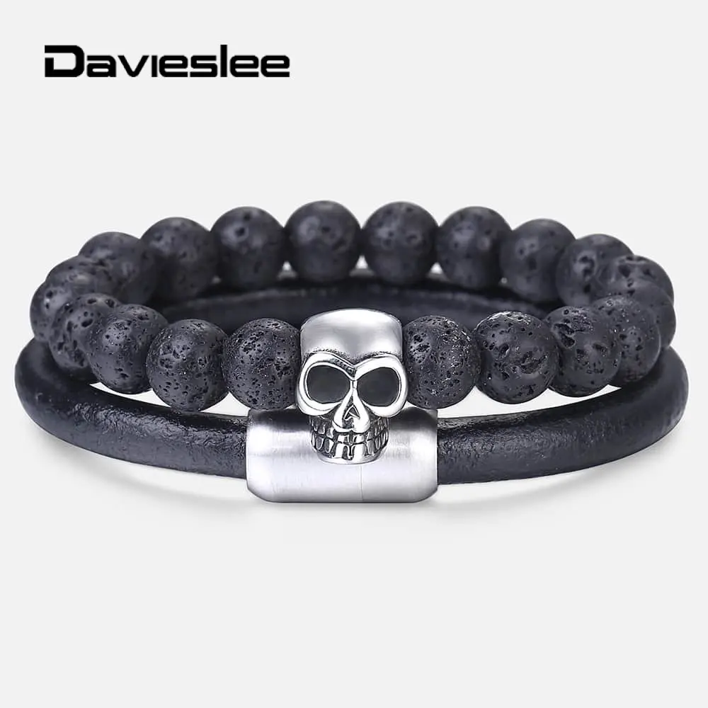 

Fashion Black Beads Leather Bracelet for Mens Stainless Steel Skull Charm Wristband Mens Beaded Bracelets 2Pcs/Set LDLBF36