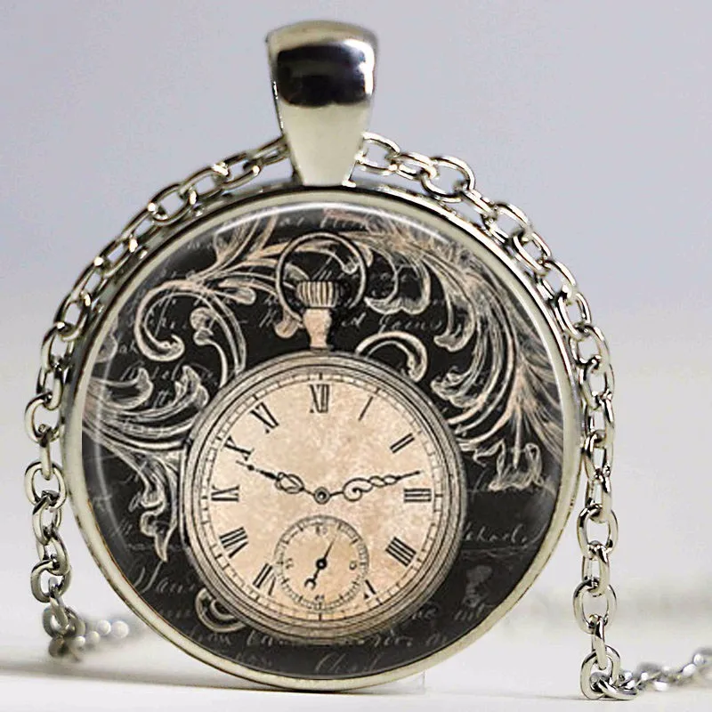 Free shipping Vintage Clock Necklace Round clock pocket watch pendant Art photo Pendant Glass Dome Clock Pendant jewellery