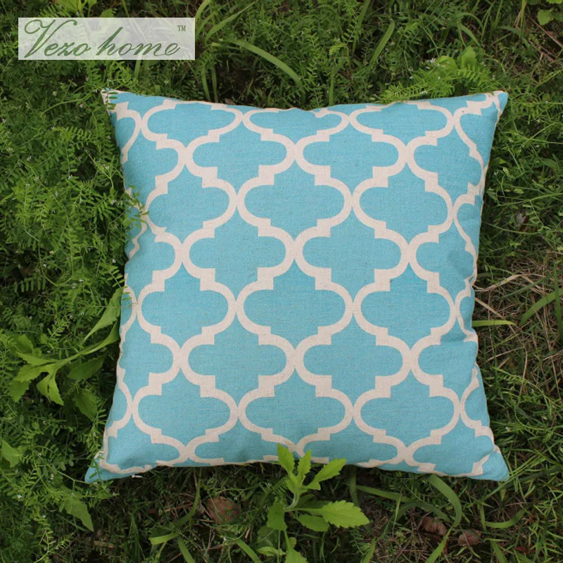 VEZO Home print blue geometric linen cotton sofa cushions cover home decorative pillow cover ...