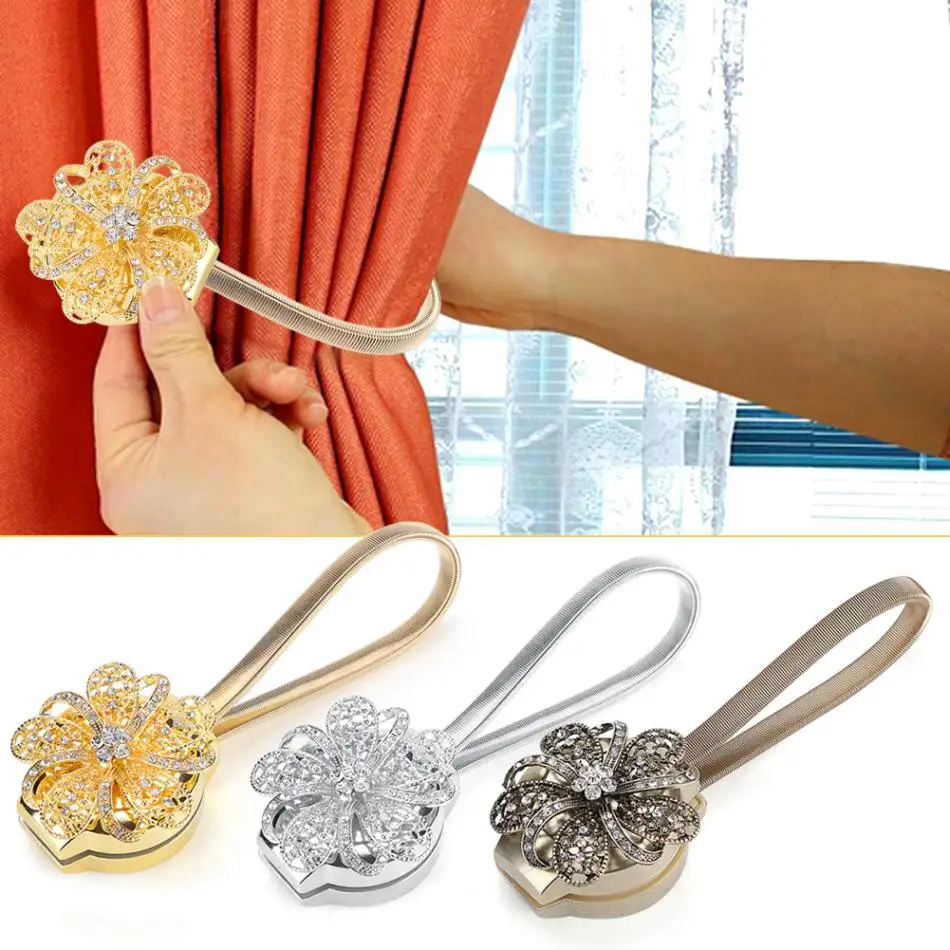 Stylish Crystal Flower Retractable Window Curtain Clips Tie