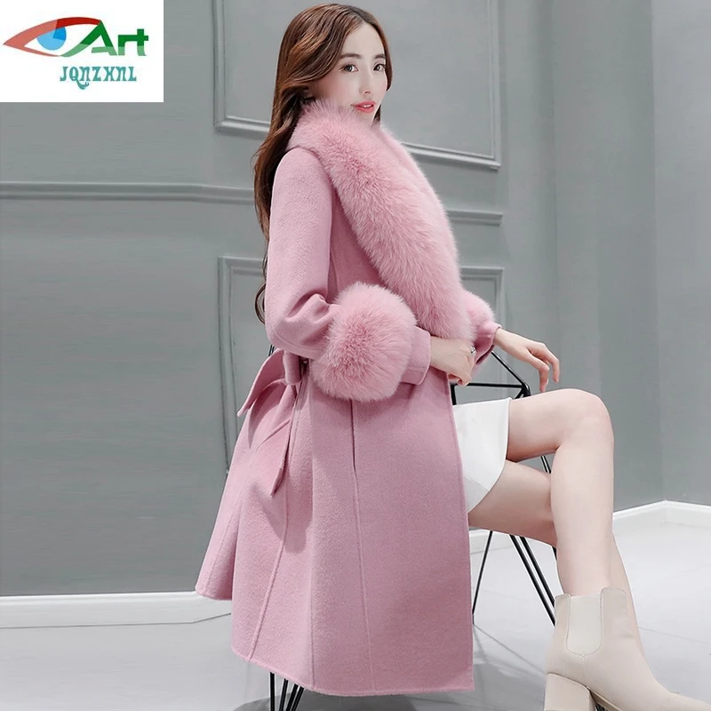 JQNZHNL, большой меховой воротник, шерстяные пальто, зима, новые женские утолщенные шерстяные пальто, средней длины, тонкая отбеленная шерсть, куртки, пальто E706
