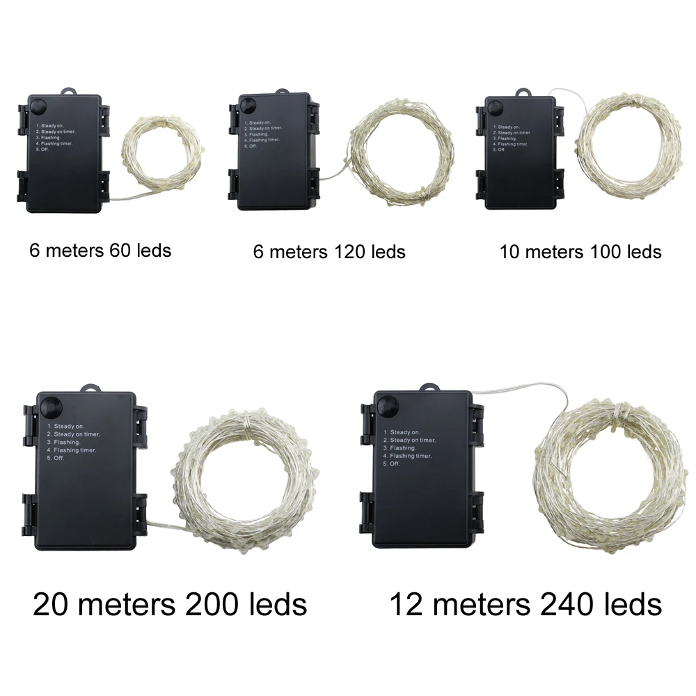 6 м/10 м/12 м 5 режимов 3AA питание от батареек светодиодный фонарь для улицы Водонепроницаемый Серебряный провод Звездное рождественское сказочное освещение