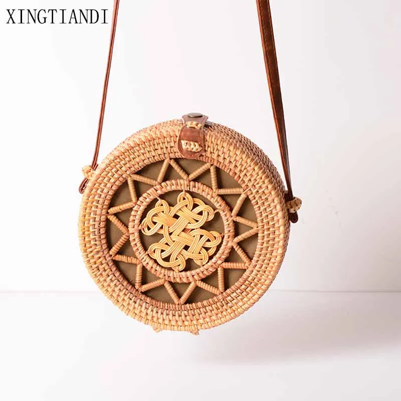 

Vintage Circle Rattan Bag Handmade Straw Beach Bali Bag sac paille Handbag Shoulder Crossbody Bags