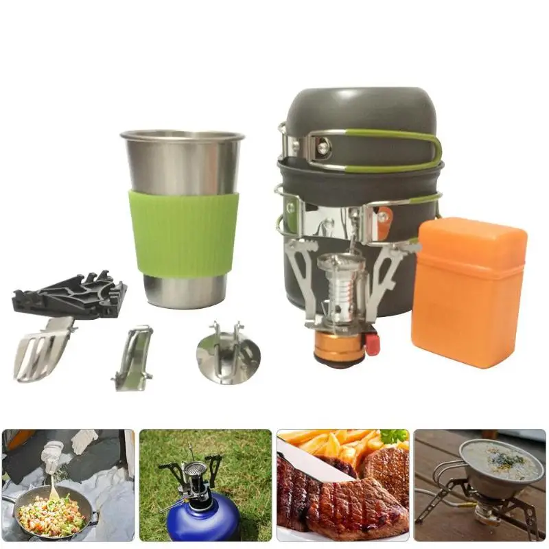 Al aire libre Camping senderismo vajilla de aleación de aluminio utensilios de cocina viaje Picnic tazón olla estufa conjunto para 1-2 personas + estufa