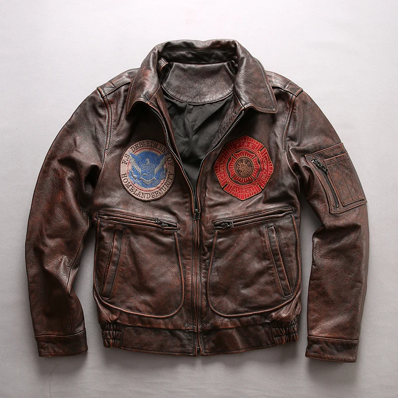 Black Friday Read Description! Asian size men's cow leather jacket mens genuine cowhide leather vintage embroidery jacket A9807