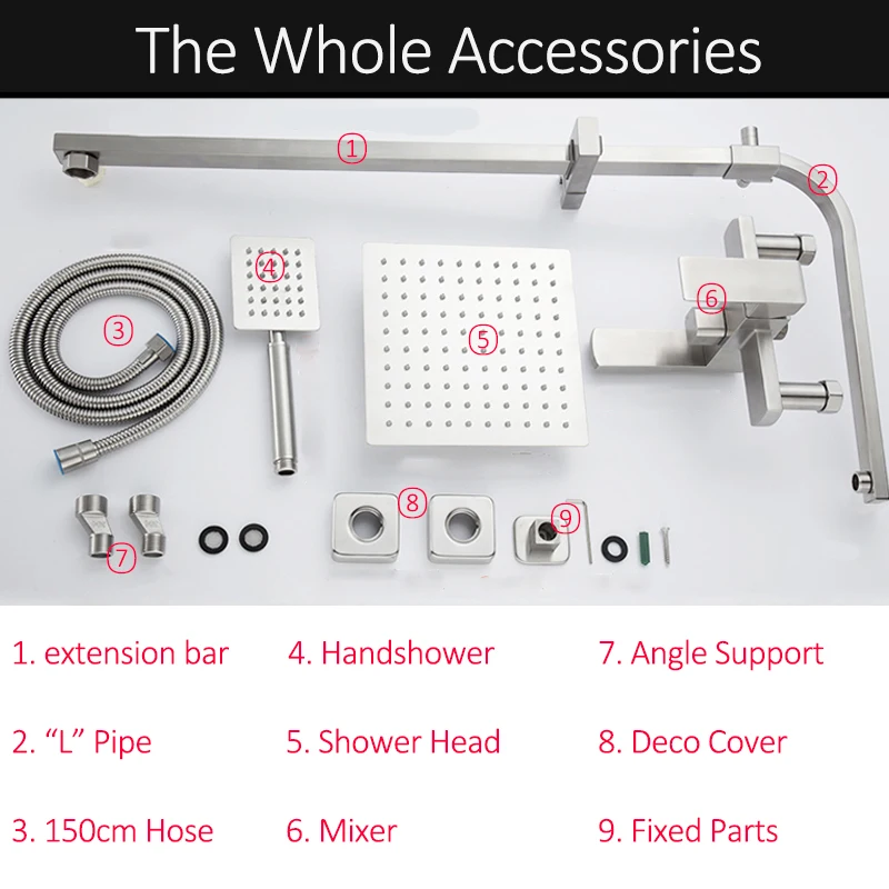 Luxury Wall Mounted stainless steel Rain Shower faucets Set system cold&hot water Square hand shower head