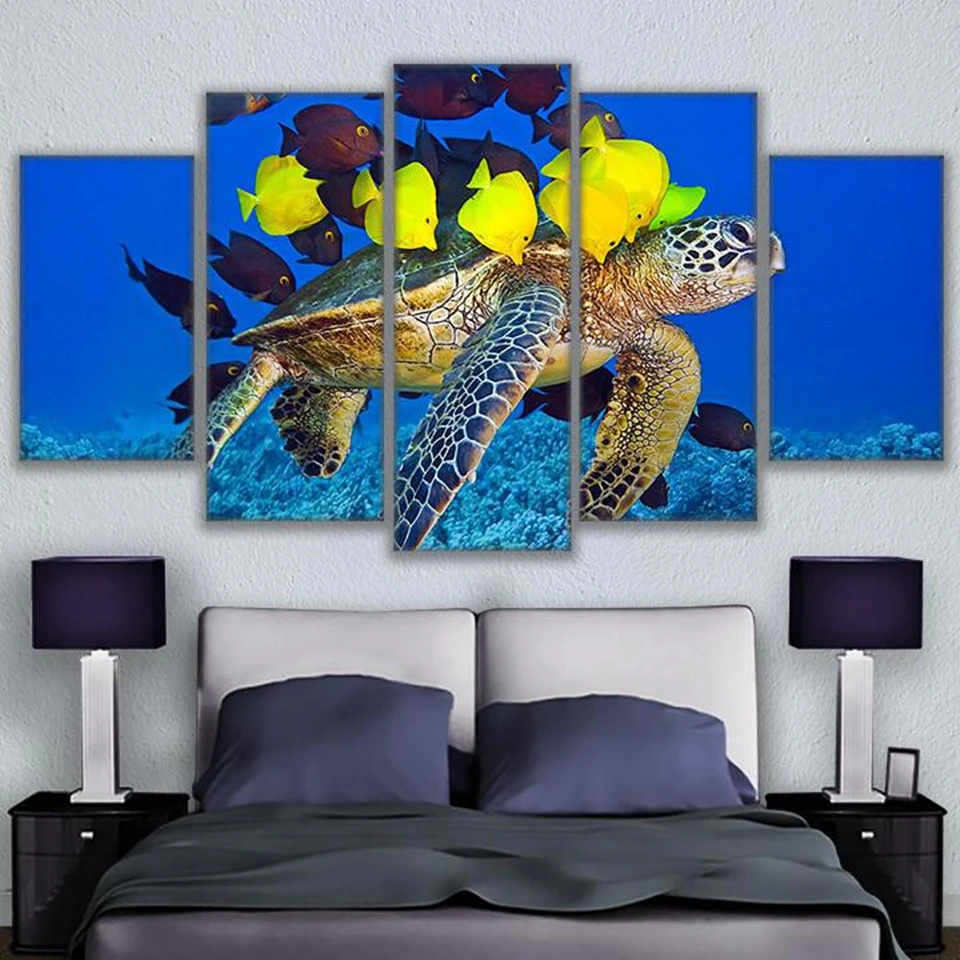 Wall Art Canvas HD Prints Pictures Framework Home Decor Living Room 5 Piece Sea Turtle & Fish Friends Painting Coral Reef Poster