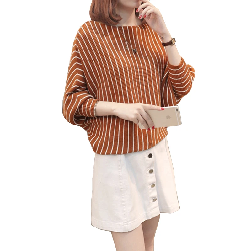 

2018 New Spring Autumn bat sleeve knit pullover thin Female Fashion Loose large size Korean striped casual loose sweater mujer