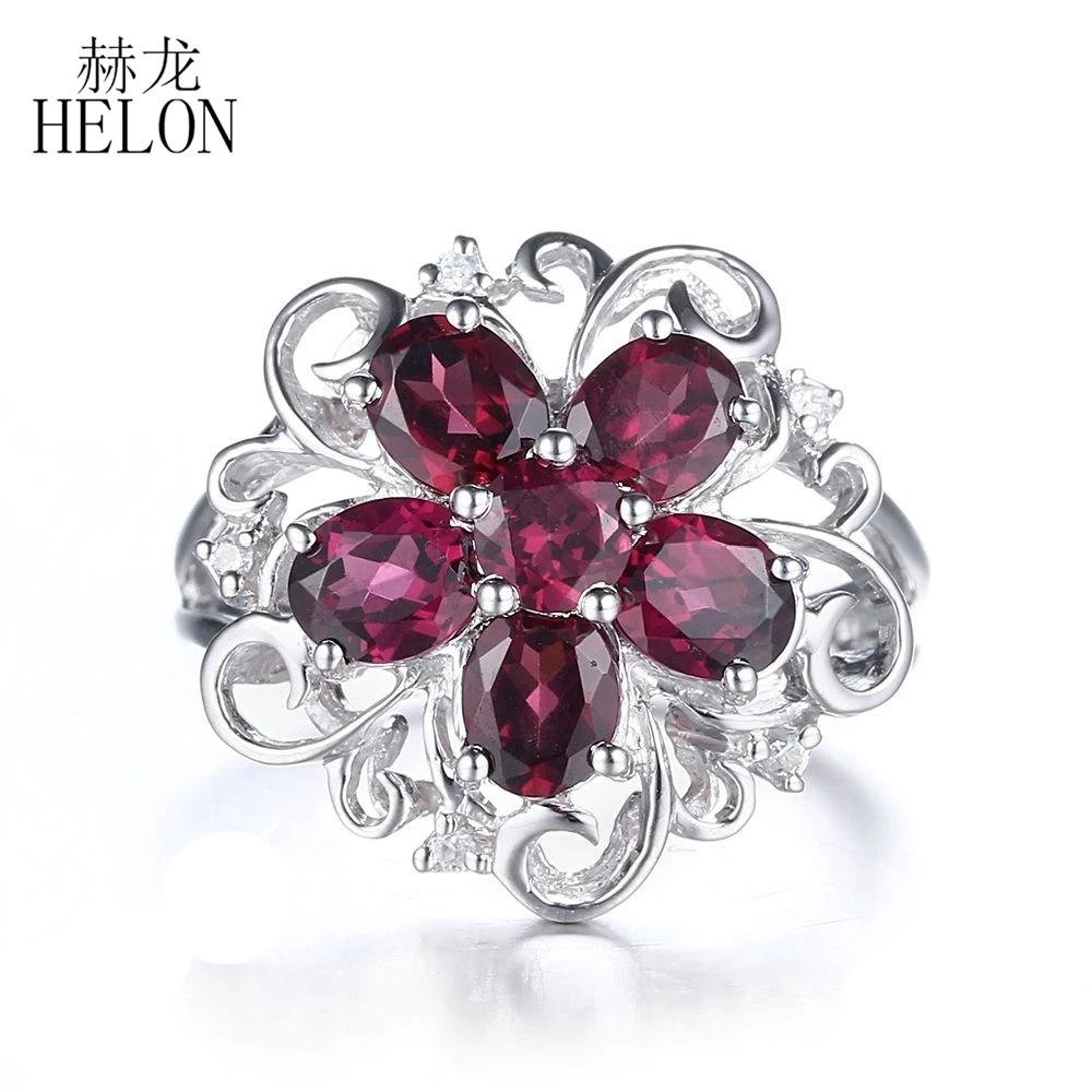 

HELON Elegant Flower Solid 14K White Gold Round & Oval Cut 2.86ct Garnet Engagement Wedding Natural Diamonds Women's Fine Ring