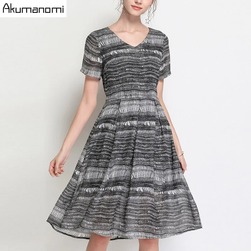 

Summer Striped Chiffon Dress Women Clothing Black V-neck Short Sleeve Draped Dress High Quality Plus Size 5XL 4XL 3XL 2XL XL L M