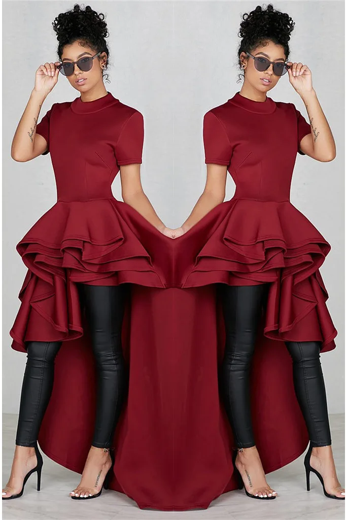 Женское платье с высоким низким слоем, с оборками, одежда для ночного торжества, неправильная длина, вечерние обычные платья, летняя одежда, плюс - Цвет: Красный