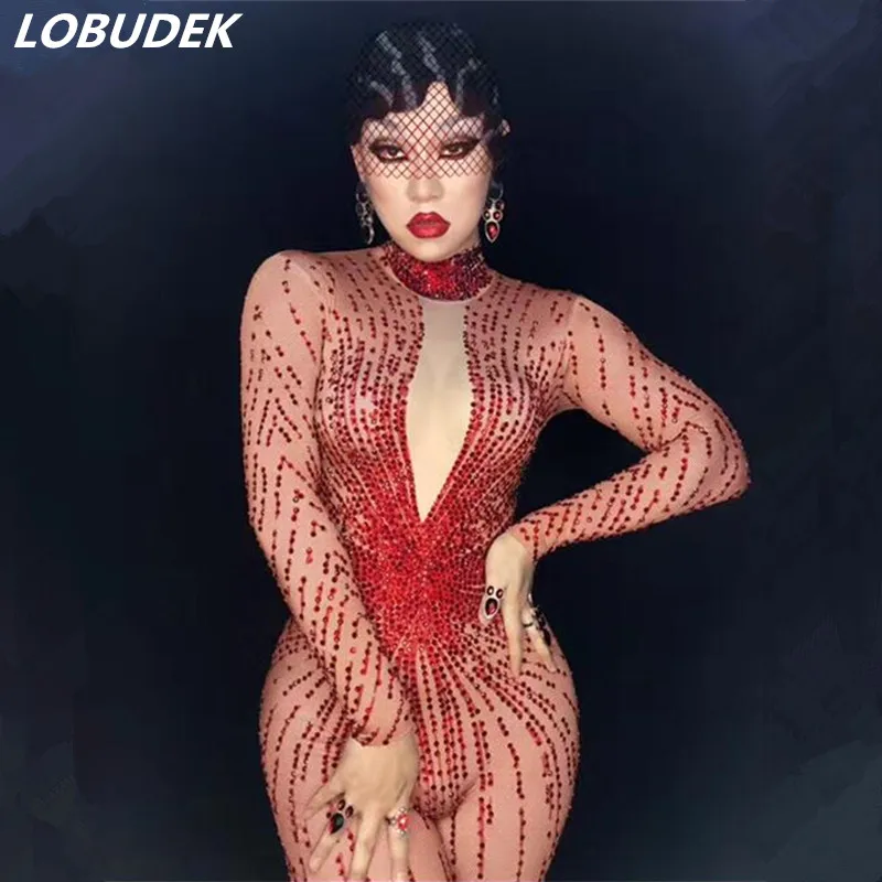 Женские костюмы пикантные комбинезоны с яркими кристаллами наряд красными