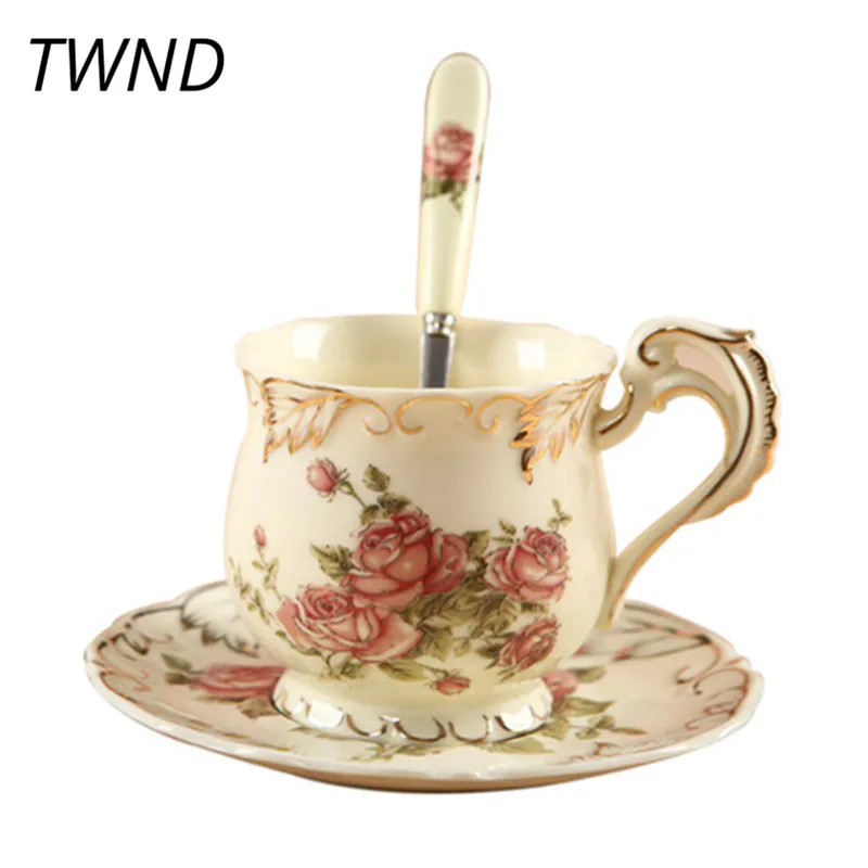 cheap 250CC classic flower coffee mugs tea milk cups with tray spoon bone china home office drinkware friend gifts