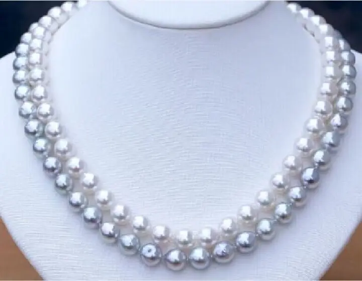 

DOUBLE STRANDS SOUTH SEA 9-10MM WHITE GREY PEARL NECKLACE 18"19"14KGP r a(5.18)