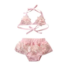 TELOTUNY/комплект из двух предметов; кружевной купальник на бретельках с бантом и цветочным принтом для маленьких девочек; летний пляжный костюм; Открытый купальный костюм с лямкой на шее для отдыха; J0528