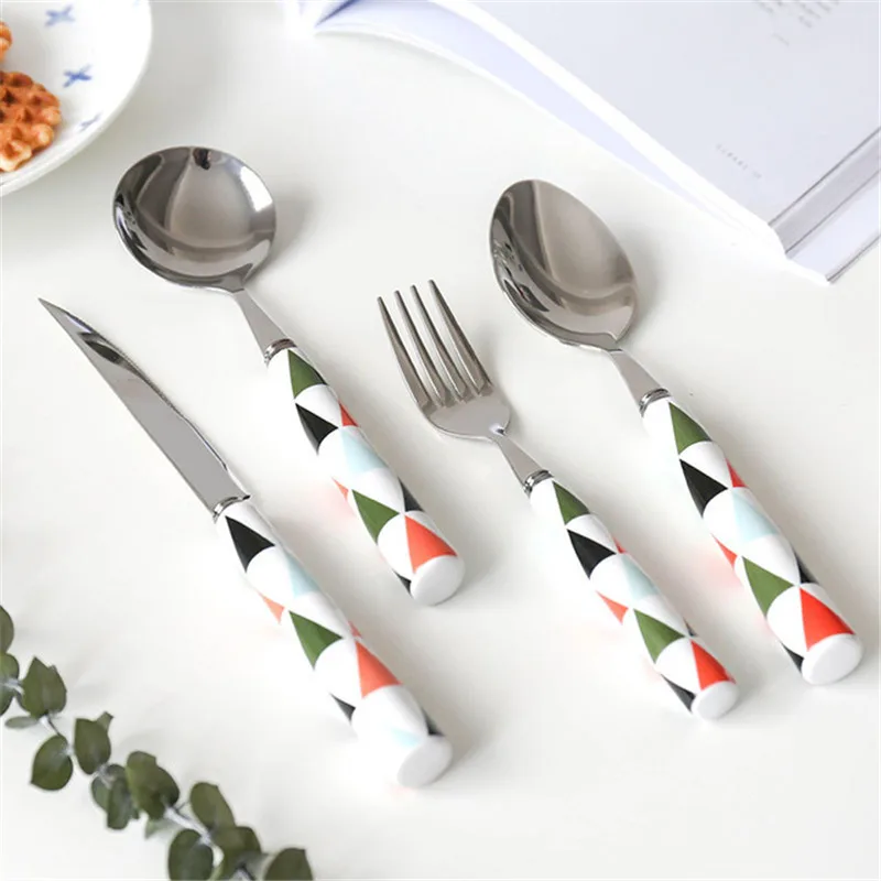 

Tableware 1PCS Geometric Figure Ceramic Handle Dessert Coffee teaspoon for Stainless Steel Dinnerware D0