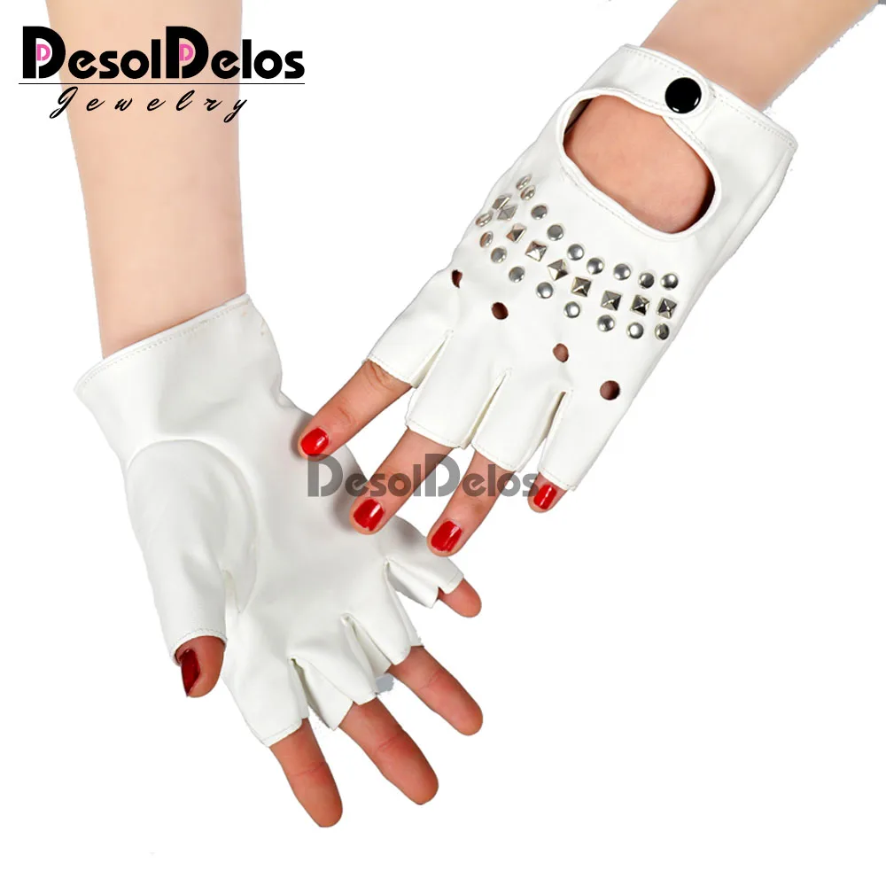 Fashion Half Finger Driving Women Gloves PU Leather Fingerless Gloves Half Finger Gloves For Women Black white R003