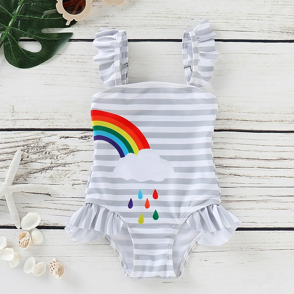 Toddler Baby Girl swimwear Two pieces Set Children Kids Girls Bikini Beach Strip Rainbow Print One Piece Swimsuit A1