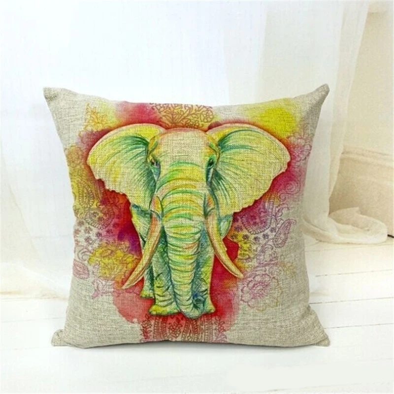 Cushion Cover India God Elephant Print Pattern Pillow Case Cotton Linen Square Decorative Throw ...