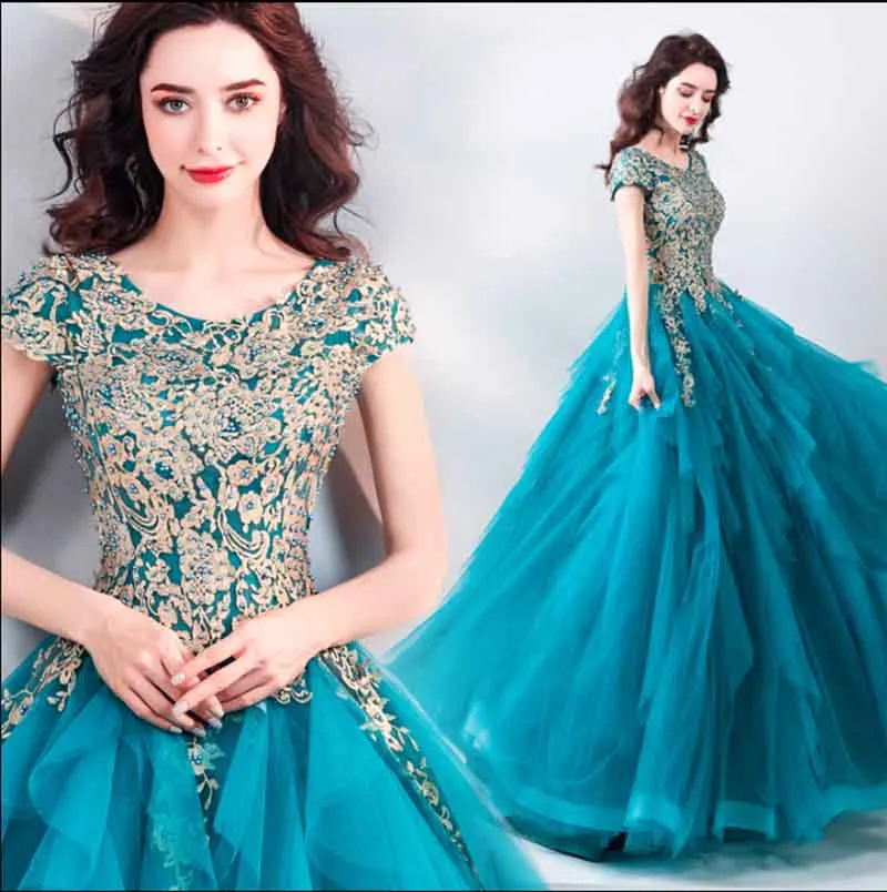 

Luxury Peacock Blue Evening Party Dress Costom Hand-Beading Multi-layer Red Carpet Formal Ball Gown Tutu Dress Plus Size 5XL 6XL