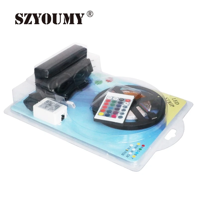 

SZYOUMY 5M 5050 RGB Colorful Flexible Led Strip SMD 150 Leds Light+ 24 Key Remote Controller +12V 3A Power+ Blister Box Packing