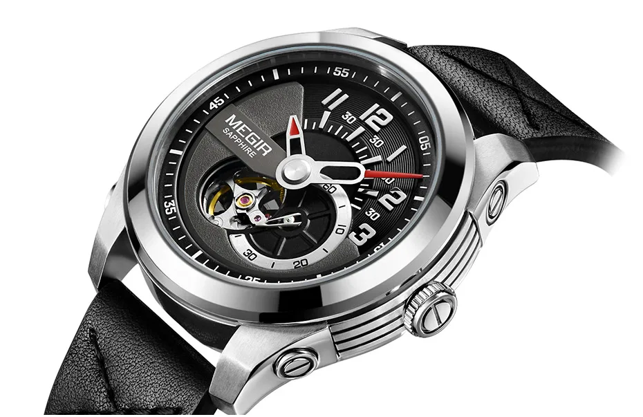 Мужские механические наручные часы с кожаным ремешком, армейские спортивные часы, повседневные часы со скелетом, мужские часы 62050G-BK-1