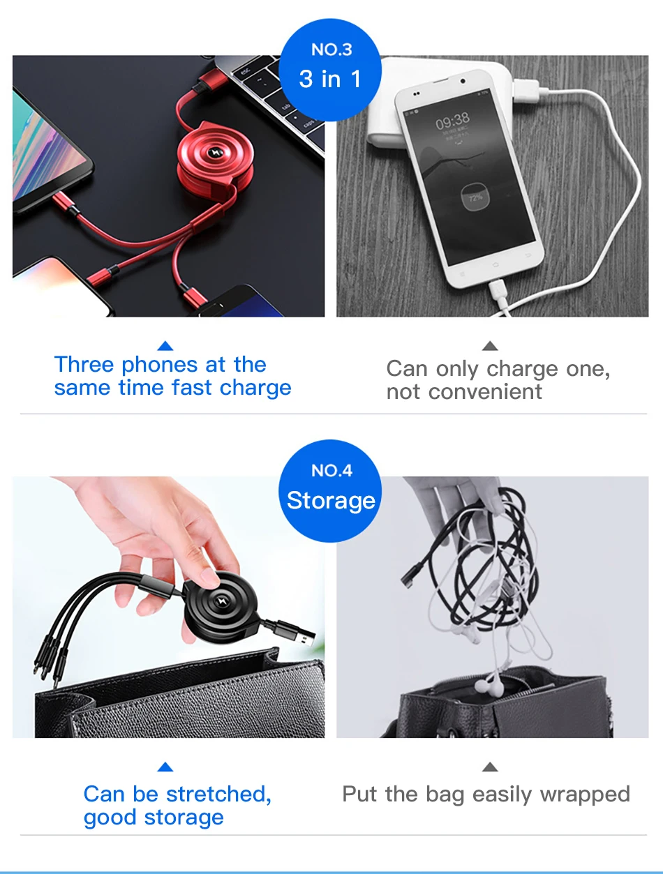 !ACCEZZ 3 in 1 Retractable USB Cable For iPhone XS XR Micro USB Type C TPE Fast Charging For Samsung Xiaomi Huawei Android Phone (4)