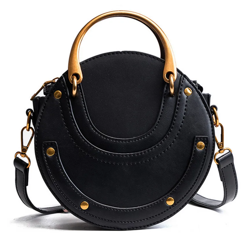 Корейская версия, женская сумка через плечо, модная, ручная, с заклепками, маленькая, круглая, сумка - Цвет: Черный