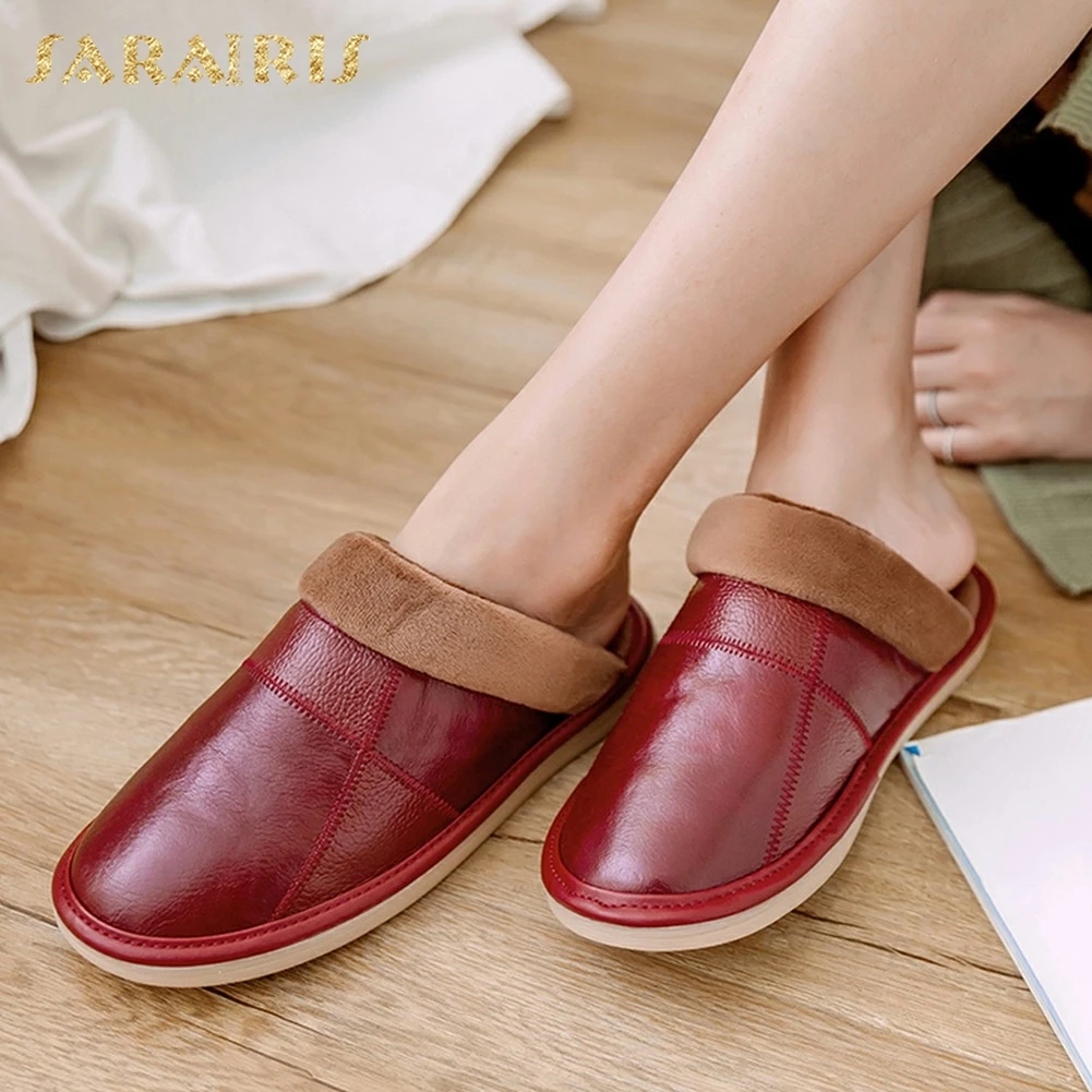 

SARAIRIS new arrivals Plus Size 35-42 leather warm fur Autumn Winter Shoes Woman comfortable Women Shoes indoor Slippers Female
