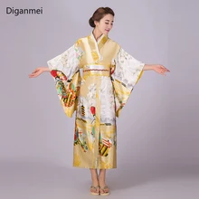 Желтый японский традиционный кимоно Женский халат кимоно винтажная одежда платье японский стиль Национальный сценический косплей костюмы