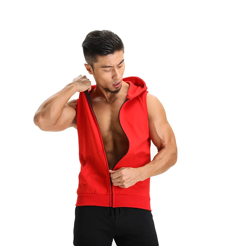 

Gyms Sleeveless Hoodies Men Zipper Cardigan Summer Autumn Bodybuilding Fitness Top Sweatshirt Male Sportswear Tracksuits Red