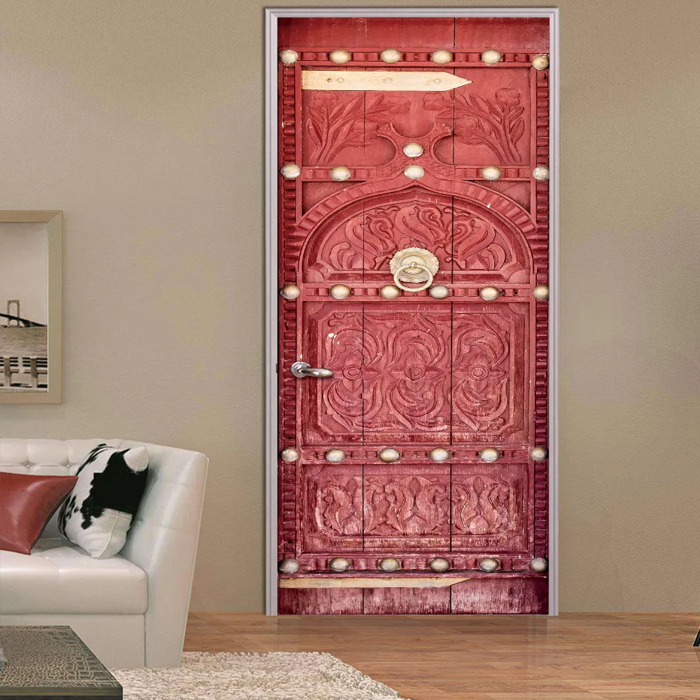 Us 18 6 26 Off 2pcs Set 3d Medieval Retro Style Scarlet Door Diy Door Art Mural Wall Sticker Home Decor Bedroom Pvc Removable Wallpaper Poster In