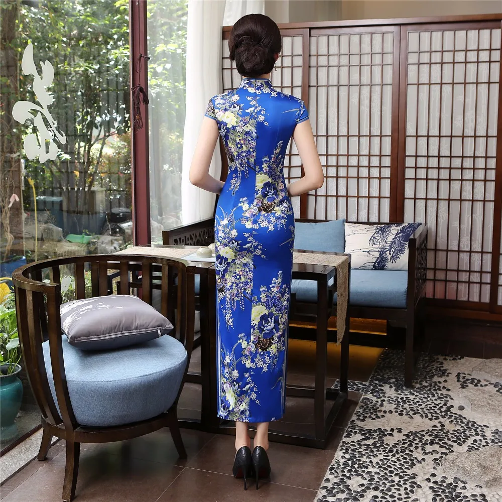 Шанхай история из искусственного шелка Китайская традиционная одежда Китайский стильное платье долго Cheongsam короткий рукав Qipao для женщин, 3