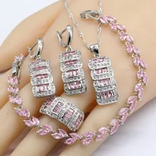 925 серебряные ювелирные наборы для женщин розовый кубический цирконий браслет серьги ожерелье кулон кольца, подарок на Рождество