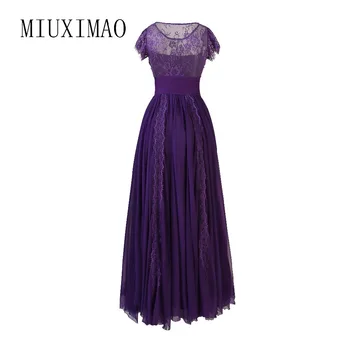 

2018 Spring & Summer New Arrival Vintage O-Neck Short Sleeve Lace Appliques Elegant Floor-Length Luxurious Long Dress Women