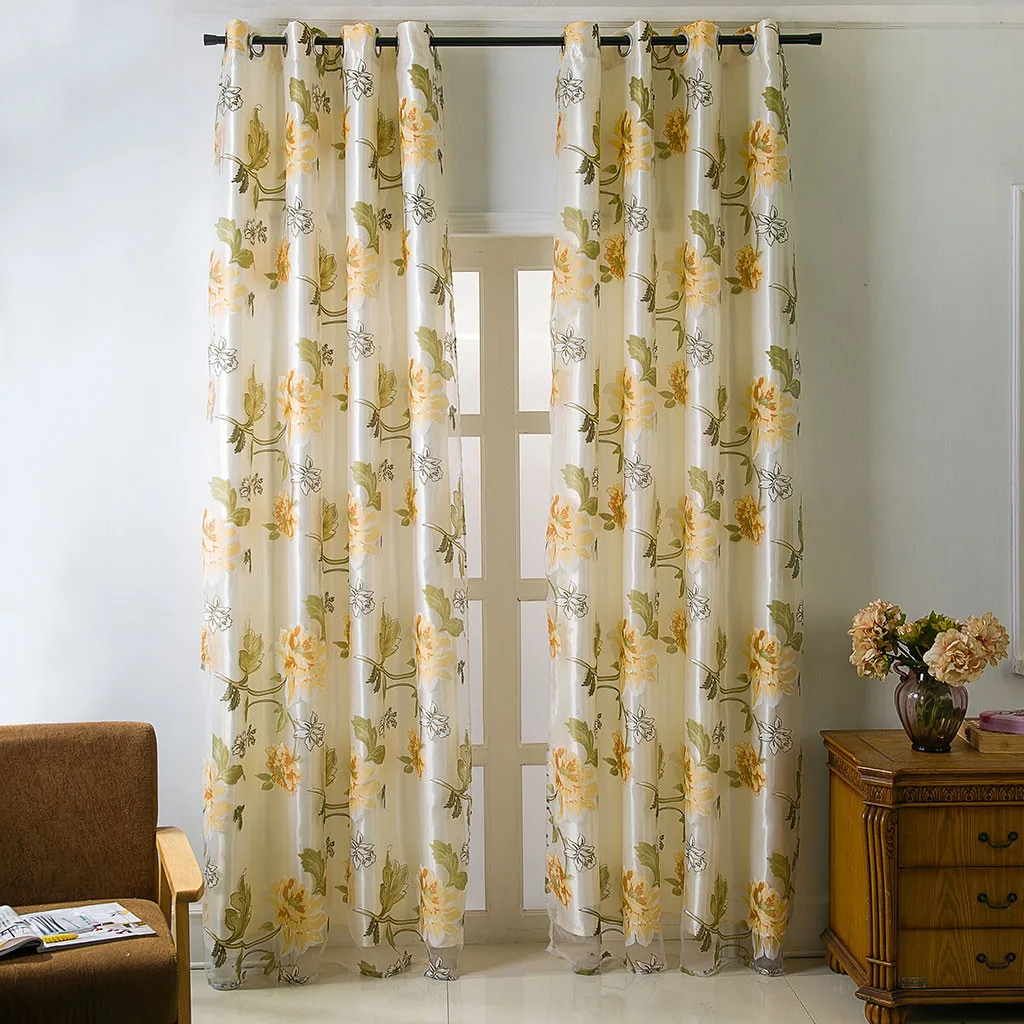 

1PC Flowers Printed Double Curtain Tulle Window Treatment For Living Room Bedroom Voile Curtain Drape Valance Panel Sheer Tulle