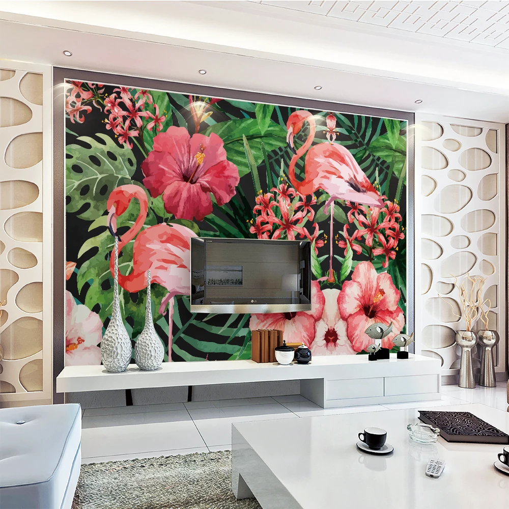 Custom 3d wallpaper Nordic style natural flamingo plant TV background wall - Healthy silk waterproof material Custom 3d wallpaper Nordic style natural flamingo plant TV background wall - Healthy silk waterproof material