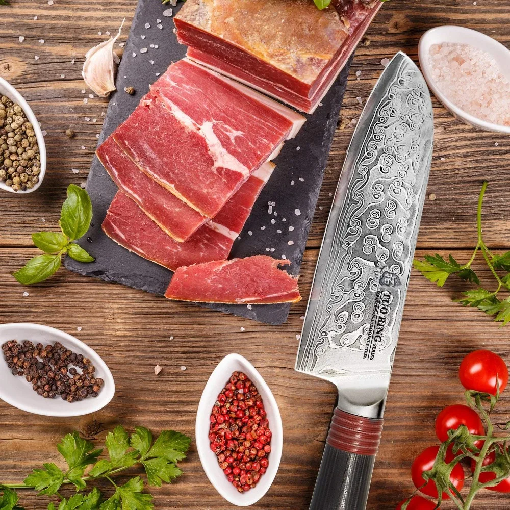 TUO столовые приборы Santoku нож-AUS-10 японский дамасский HC кухонный нож из нержавеющей стали-нескользящая эргономичная ручка G10-5,5''