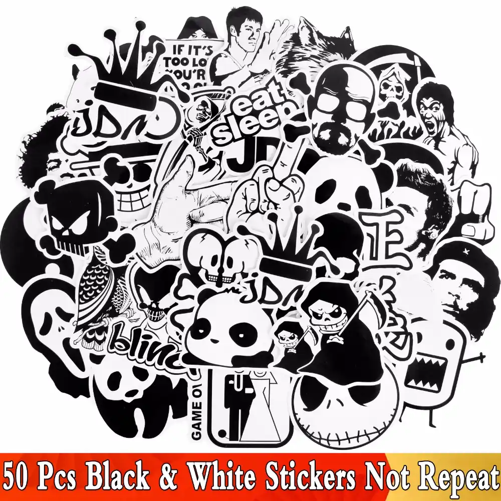 50 Pcs Lot Black White Cool Stickers For Skateboard Luggage 50 Pcs Lot Black White Cool Stickers