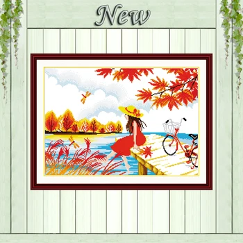 

Waiting in autumn lakeside girl Counted print on fabric DMC 14CT 11CT DIY Cross Stitch Needlework kits Embroidery Sets paintings