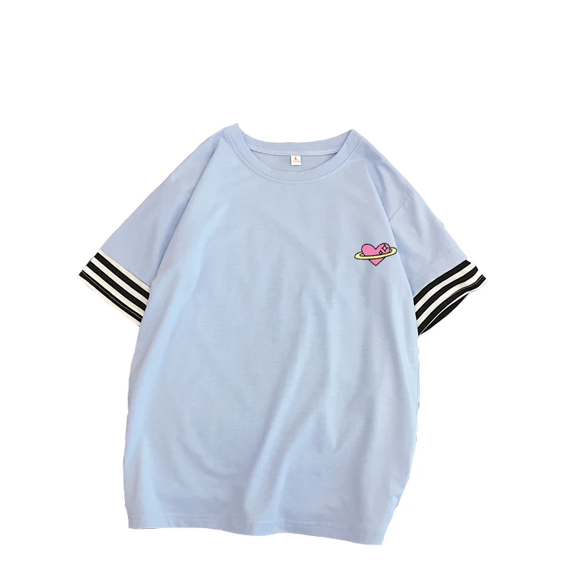 

Kpop Summer Tshirt Harajuku New fashion Cute Heart Printed Cotton Ulzzang Tee Short Sleeve Women Stripes Sleeve Top T-shirt